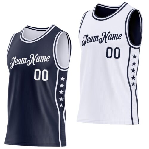 Custom Reversible Navy White Double Side Star Sublimation Basketball Suit Jersey