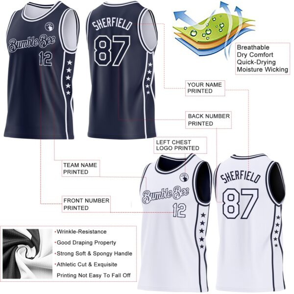 Custom Reversible Navy White Double Side Star Sublimation Basketball Suit Jersey