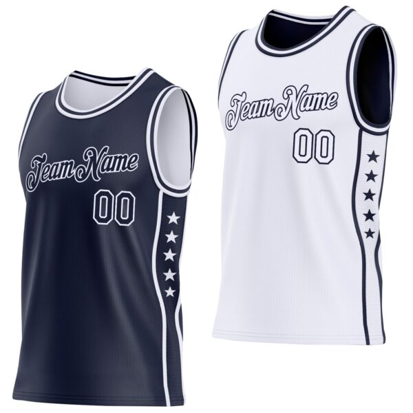Custom Reversible Navy White Double Side Star Sublimation Basketball Suit Jersey