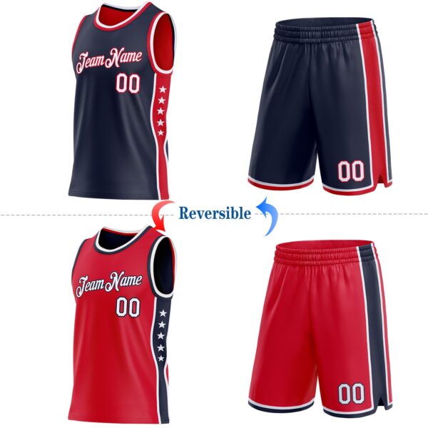 Custom Reversible Navy White-Red Double Side Star Sublimation Basketball Suit Jersey