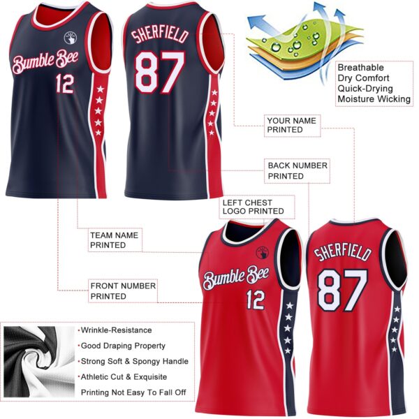 Custom Reversible Navy White-Red Double Side Star Sublimation Basketball Suit Jersey
