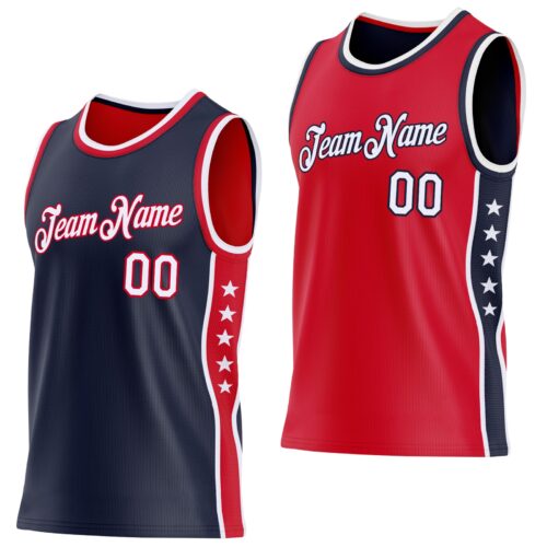 Custom Reversible Navy White-Red Double Side Star Sublimation Basketball Suit Jersey