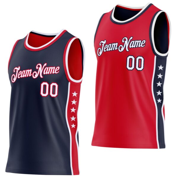 Custom Reversible Navy White-Red Double Side Star Sublimation Basketball Suit Jersey