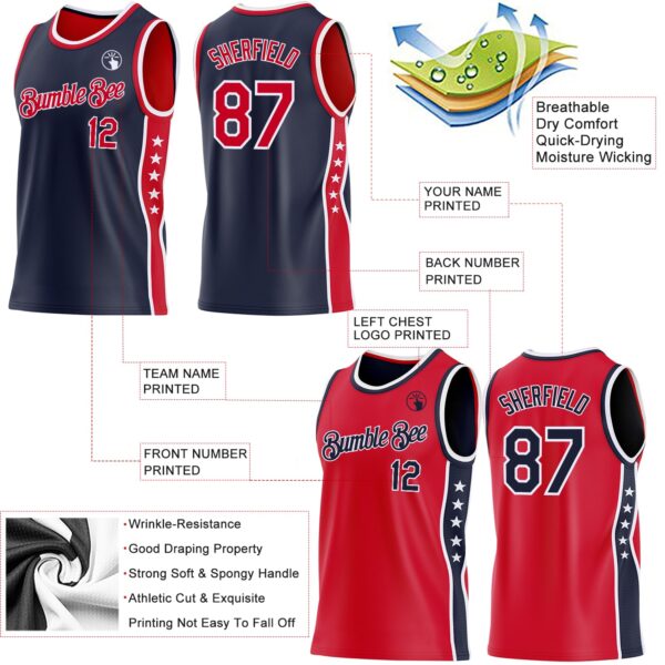 Custom Reversible Navy Red-White Double Side Star Sublimation Basketball Suit Jersey