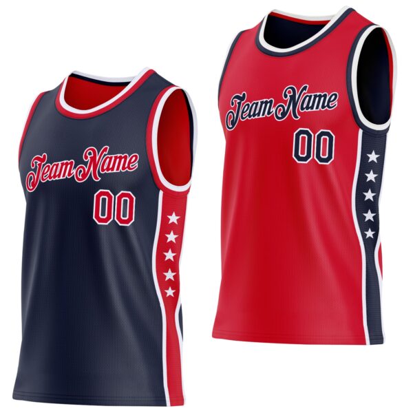 Custom Reversible Navy Red-White Double Side Star Sublimation Basketball Suit Jersey