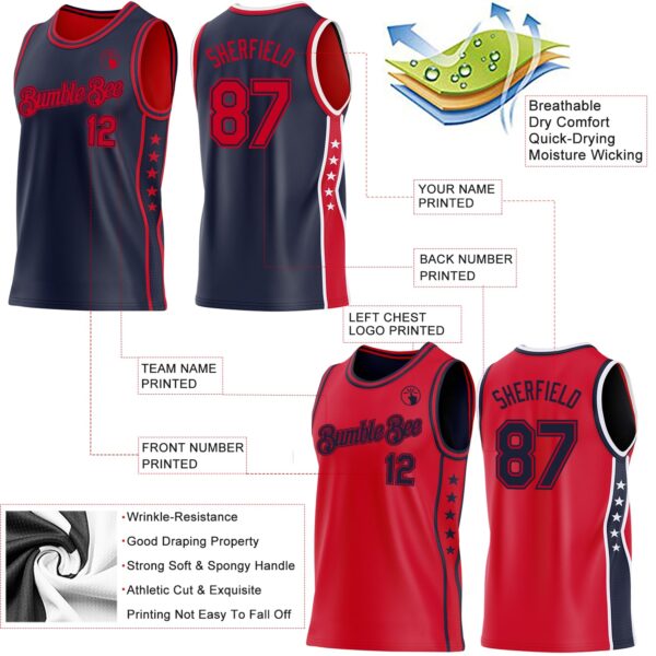 Custom Reversible Navy Red Double Side Star Sublimation Basketball Suit Jersey