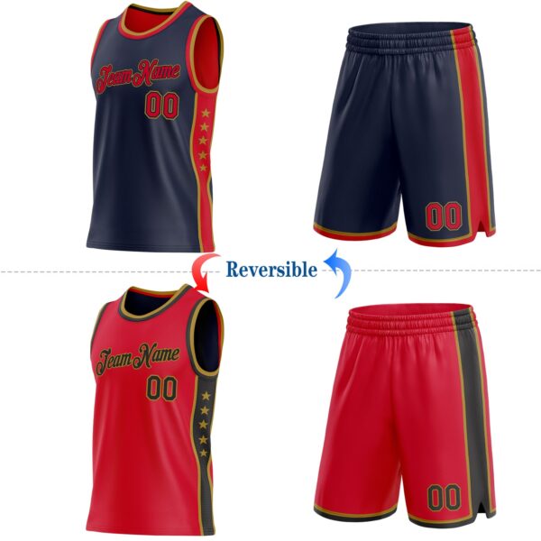 Custom Reversible Navy Red-Old Gold Double Side Star Sublimation Basketball Suit Jersey