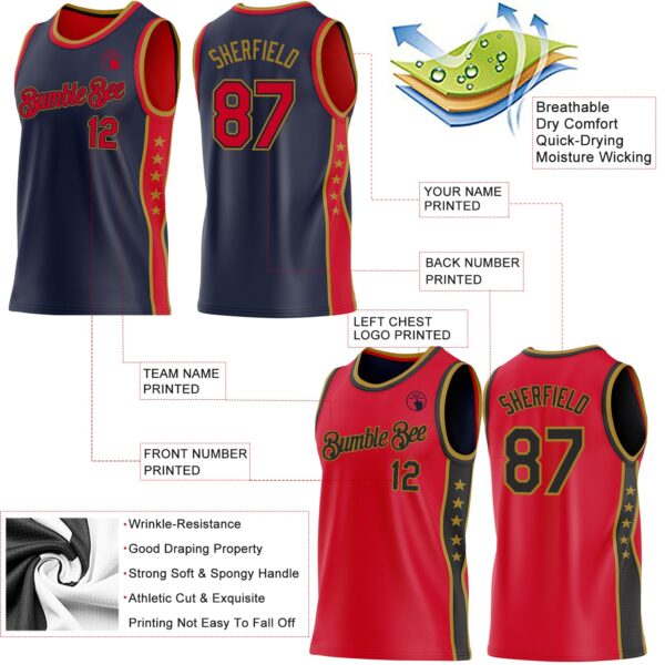 Custom Reversible Navy Red-Old Gold Double Side Star Sublimation Basketball Suit Jersey