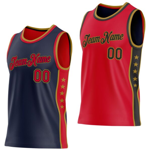 Custom Reversible Navy Red-Old Gold Double Side Star Sublimation Basketball Suit Jersey