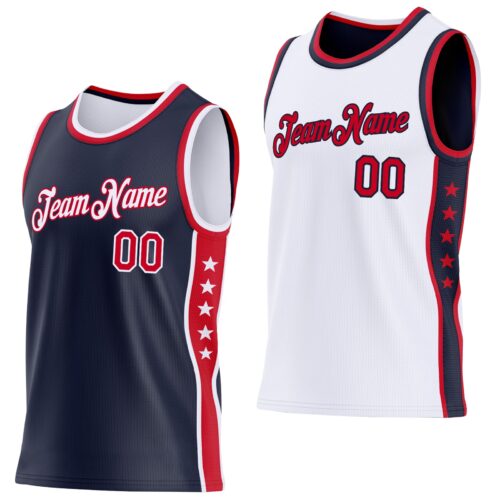Custom Reversible Navy Red-White Double Side Star Sublimation Basketball Suit Jersey