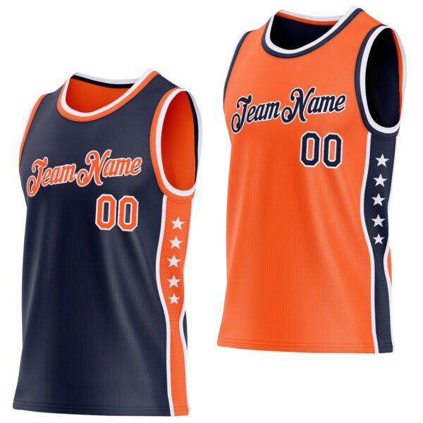 Custom Reversible Navy Orange-White Double Side Star Sublimation Basketball Suit Jersey
