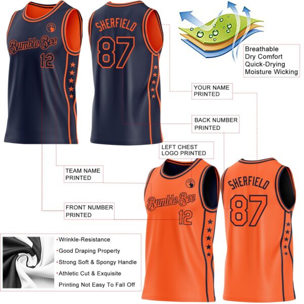 Custom Reversible Navy Orange Double Side Star Sublimation Basketball Suit Jersey