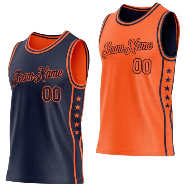 Custom Reversible Navy Orange Double Side Star Sublimation Basketball Suit Jersey