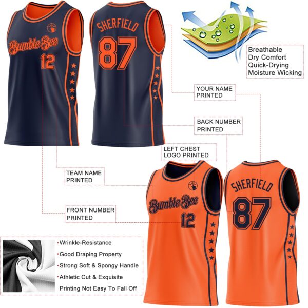 Custom Reversible Navy Orange Double Side Star Sublimation Basketball Suit Jersey