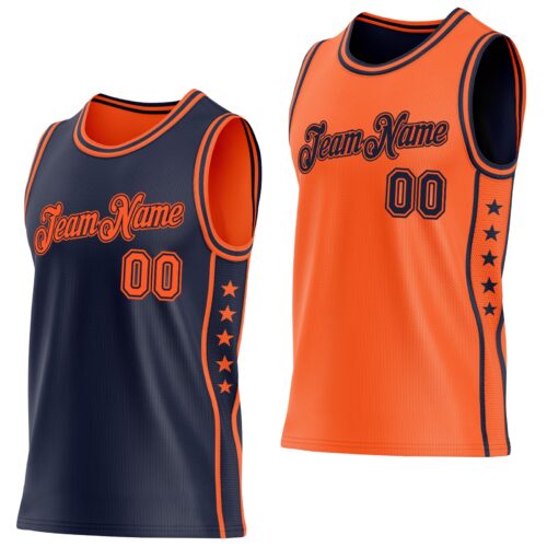 Custom Reversible Navy Orange Double Side Star Sublimation Basketball Suit Jersey