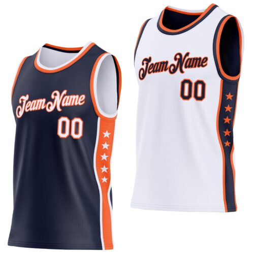 Custom Reversible Navy White-Orange Double Side Star Sublimation Basketball Suit Jersey