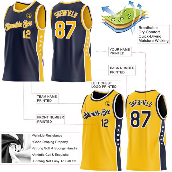 Custom Reversible Navy Gold-White Double Side Star Sublimation Basketball Suit Jersey