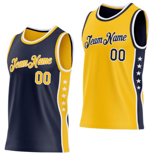 Custom Reversible Navy Gold-White Double Side Star Sublimation Basketball Suit Jersey