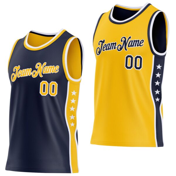 Custom Reversible Navy Gold-White Double Side Star Sublimation Basketball Suit Jersey