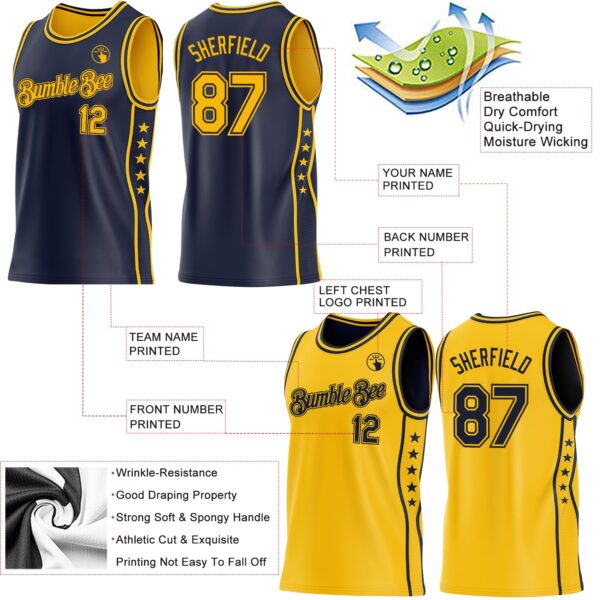 Custom Reversible Navy Gold Double Side Star Sublimation Basketball Suit Jersey