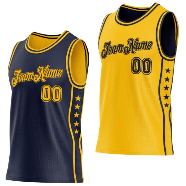 Custom Reversible Navy Gold Double Side Star Sublimation Basketball Suit Jersey