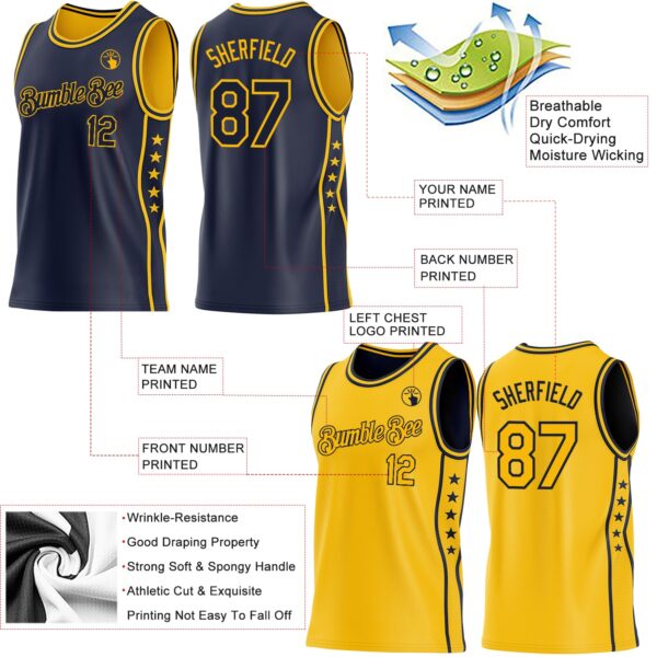 Custom Reversible Navy Gold Double Side Star Sublimation Basketball Suit Jersey