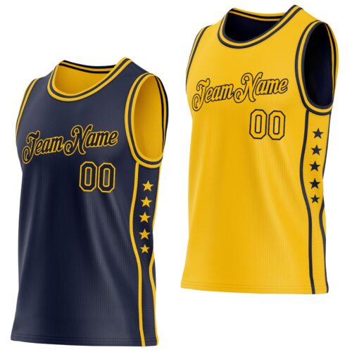 Custom Reversible Navy Gold Double Side Star Sublimation Basketball Suit Jersey