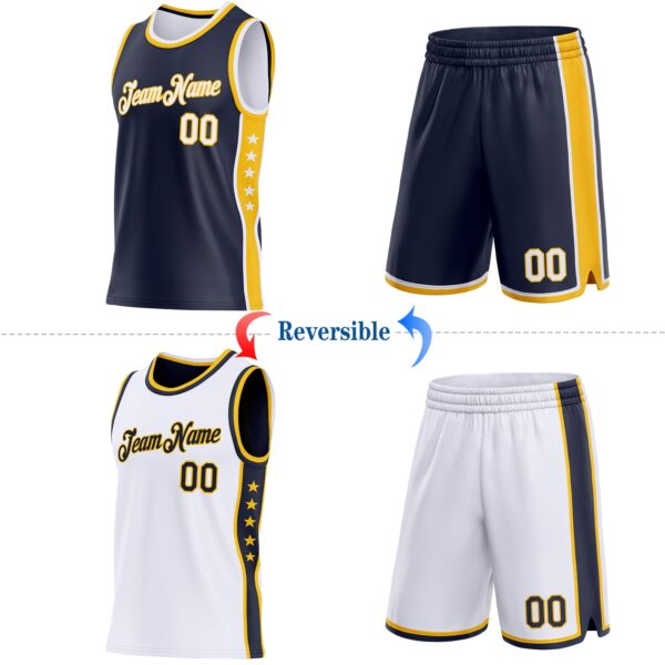 Custom Reversible Navy White-Gold Double Side Star Sublimation Basketball Suit Jersey