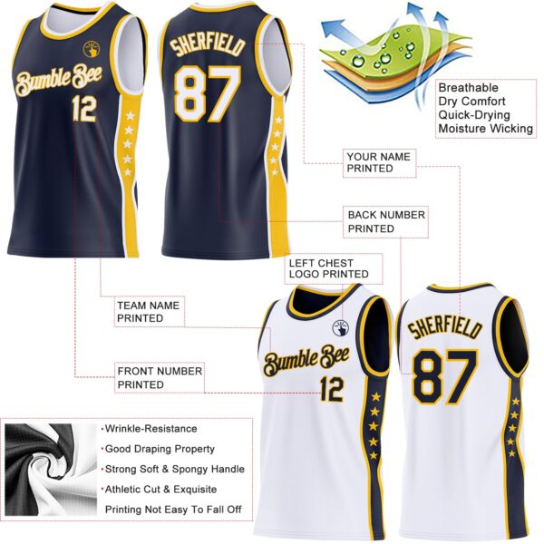 Custom Reversible Navy White-Gold Double Side Star Sublimation Basketball Suit Jersey