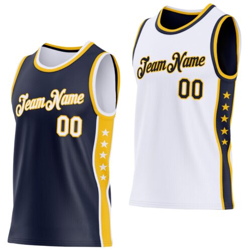 Custom Reversible Navy White-Gold Double Side Star Sublimation Basketball Suit Jersey