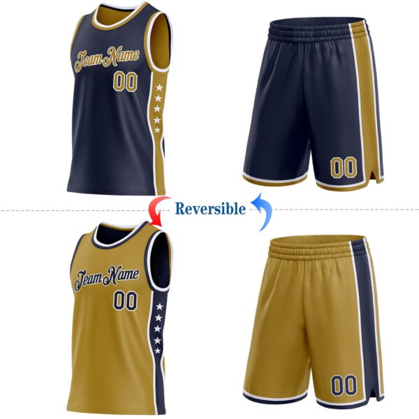 Custom Reversible Navy Old Gold-White Double Side Star Sublimation Basketball Suit Jersey