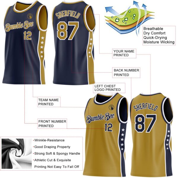 Custom Reversible Navy Old Gold-White Double Side Star Sublimation Basketball Suit Jersey