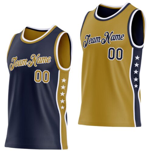 Custom Reversible Navy Old Gold-White Double Side Star Sublimation Basketball Suit Jersey