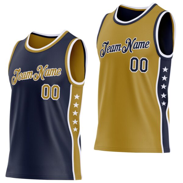 Custom Reversible Navy Old Gold-White Double Side Star Sublimation Basketball Suit Jersey