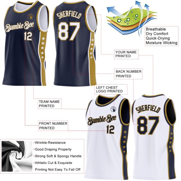 Custom Reversible Navy White-Old Gold Double Side Star Sublimation Basketball Suit Jersey