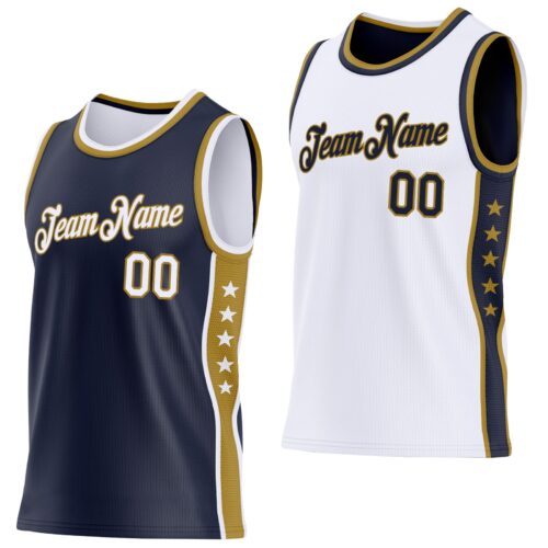 Custom Reversible Navy White-Old Gold Double Side Star Sublimation Basketball Suit Jersey