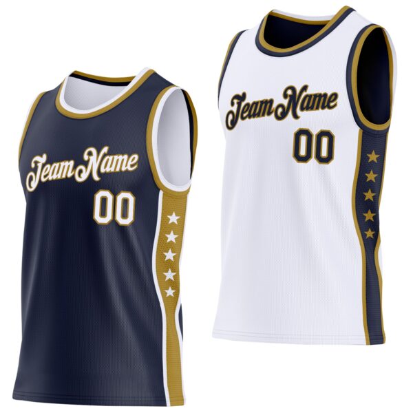 Custom Reversible Navy White-Old Gold Double Side Star Sublimation Basketball Suit Jersey