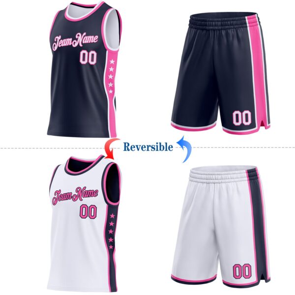 Custom Reversible Navy White-Pink Double Side Star Sublimation Basketball Suit Jersey