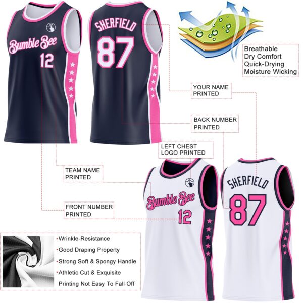 Custom Reversible Navy White-Pink Double Side Star Sublimation Basketball Suit Jersey