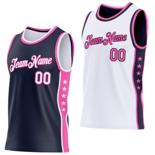 Custom Reversible Navy White-Pink Double Side Star Sublimation Basketball Suit Jersey
