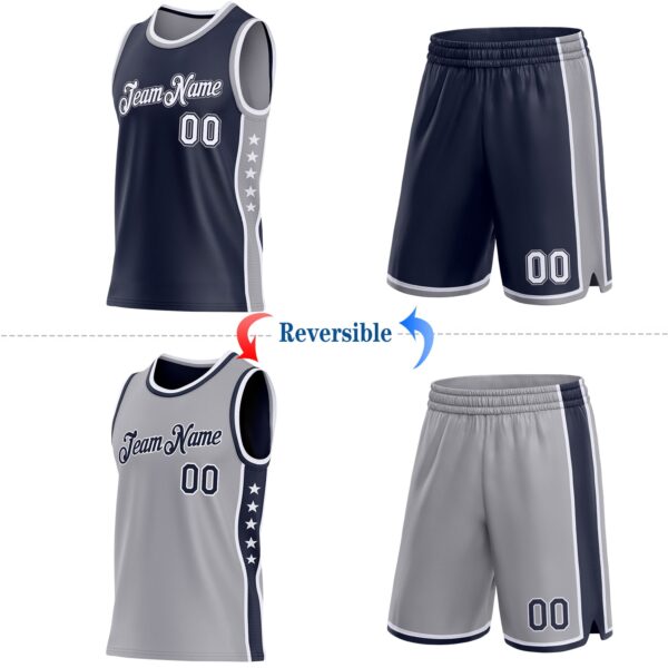 Custom Reversible Navy White-Gray Double Side Star Sublimation Basketball Suit Jersey