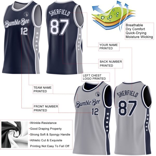 Custom Reversible Navy White-Gray Double Side Star Sublimation Basketball Suit Jersey