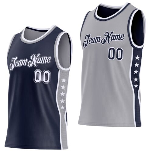 Custom Reversible Navy White-Gray Double Side Star Sublimation Basketball Suit Jersey