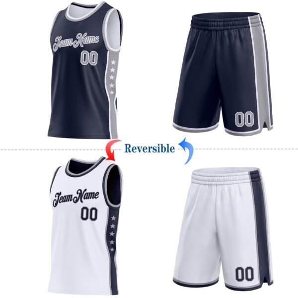 Custom Reversible Navy Gray-White Double Side Star Sublimation Basketball Suit Jersey