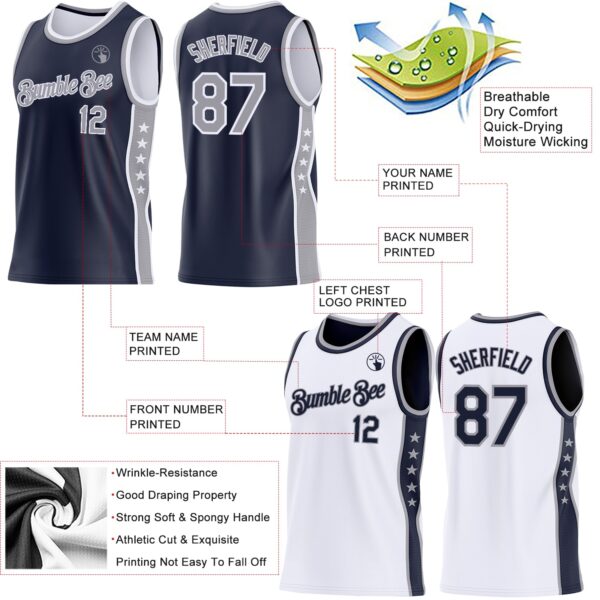 Custom Reversible Navy Gray-White Double Side Star Sublimation Basketball Suit Jersey