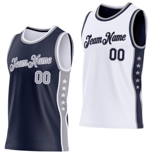 ReversibleD0332 Custom Reversible Navy Gray-White Double Side Star Sublimation Basketball Suit Jersey