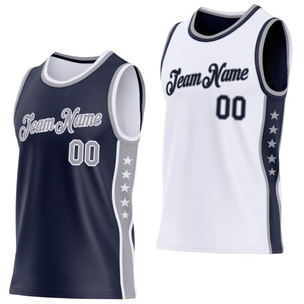 Custom Reversible Navy Gray-White Double Side Star Sublimation Basketball Suit Jersey
