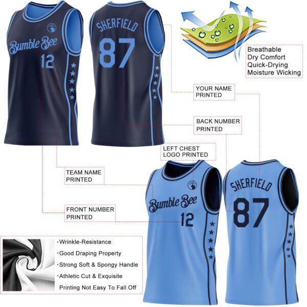 Custom Reversible Navy Lakes Blue Double Side Star Sublimation Basketball Suit Jersey