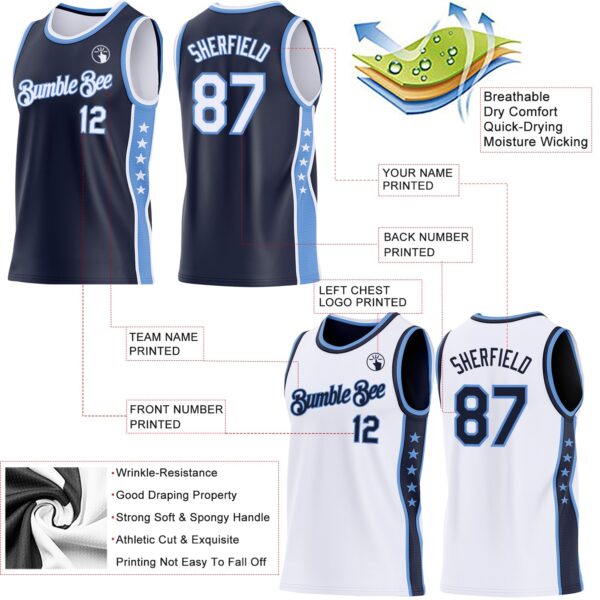 Custom Reversible Navy White-Lakes Blue Double Side Star Sublimation Basketball Suit Jersey