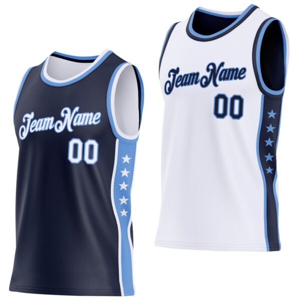 Custom Reversible Navy White-Lakes Blue Double Side Star Sublimation Basketball Suit Jersey